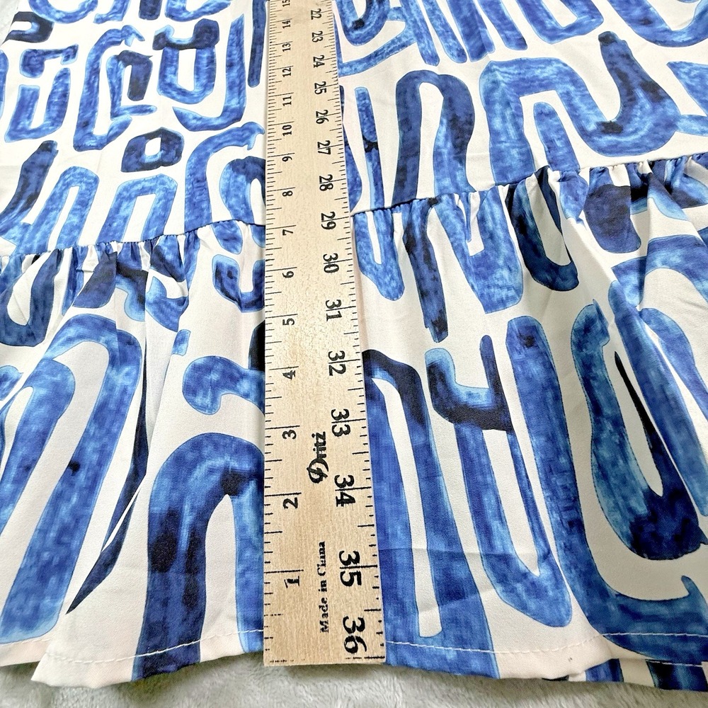 NWOT Geometric Women's Dress Large Mixed Print Blue Colorful Snap Buttons Ruffle - Picture 4 of 7